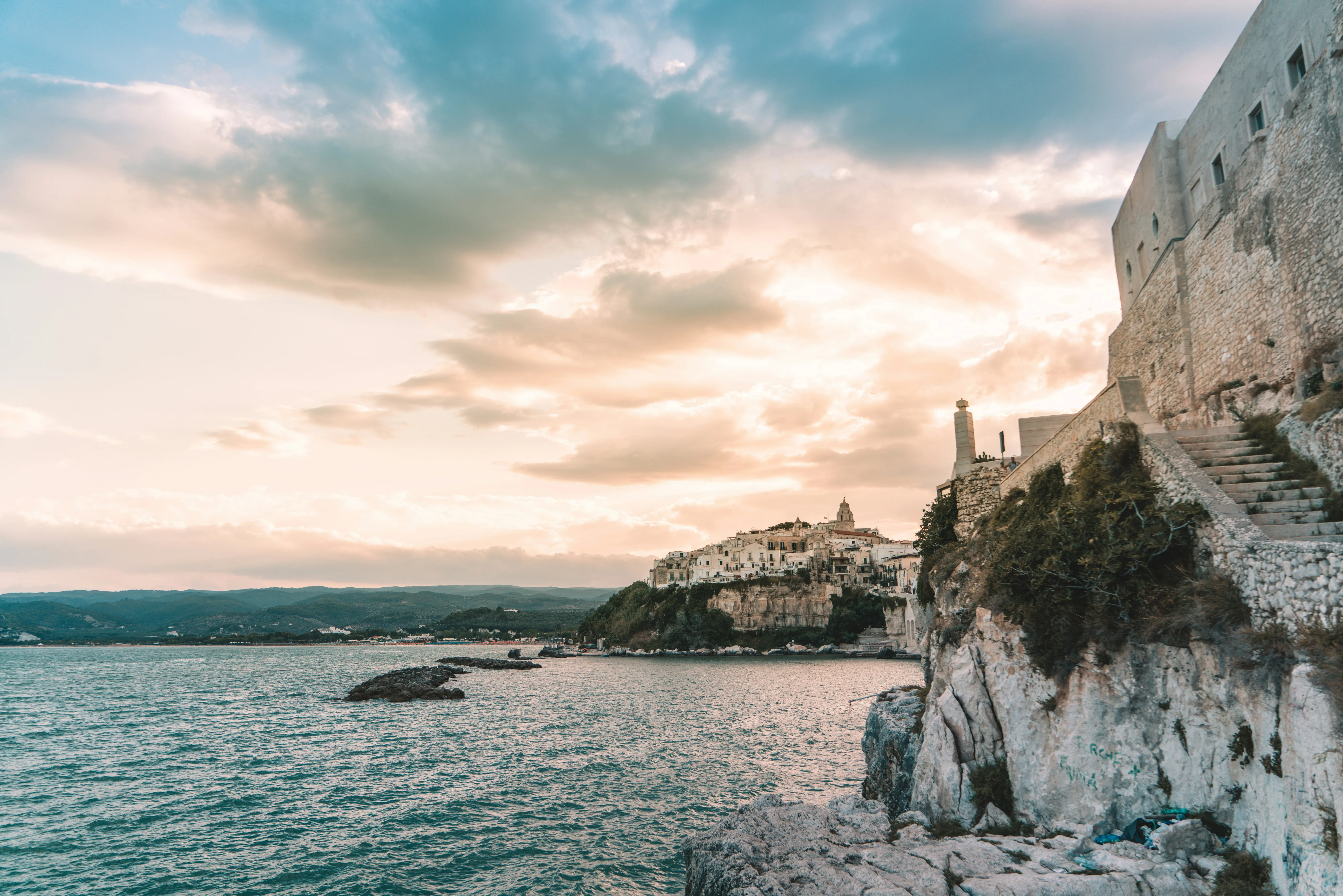 A view of the rocky shoreline and cliffs of Vieste